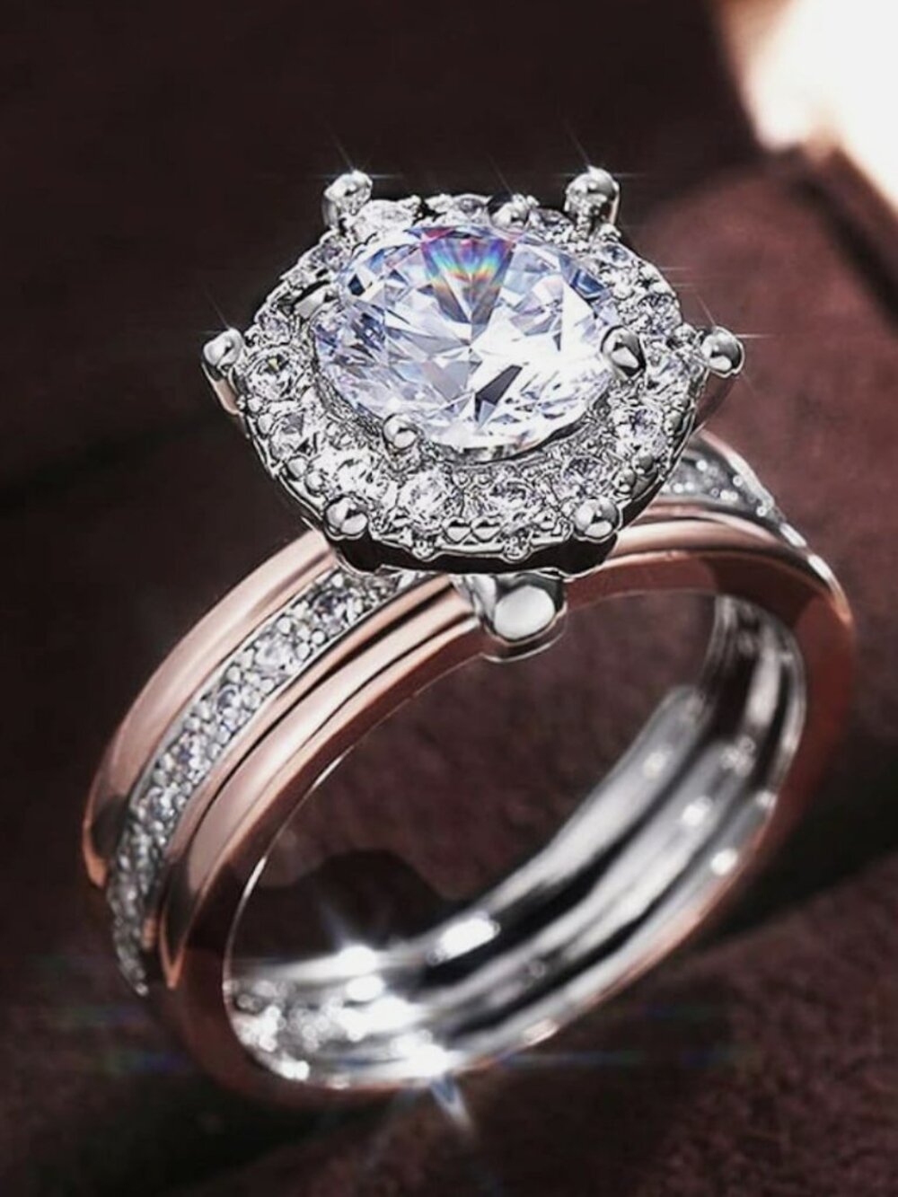 Rose Gold Tone Round CZ Halo Ring - Size 7